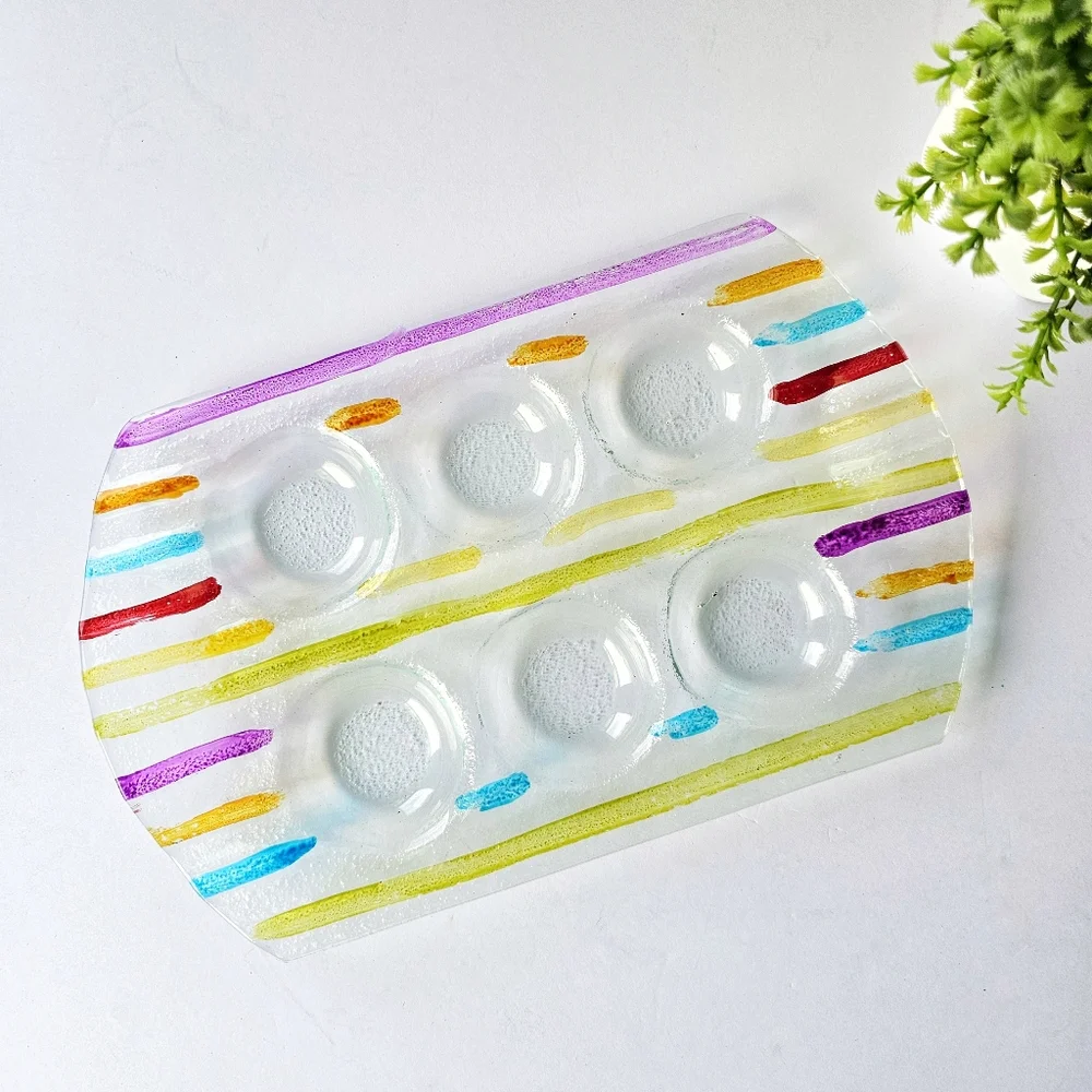 Striped Contemporary Style Fused Glass Candle Holder Tray Six Tea Light Candles